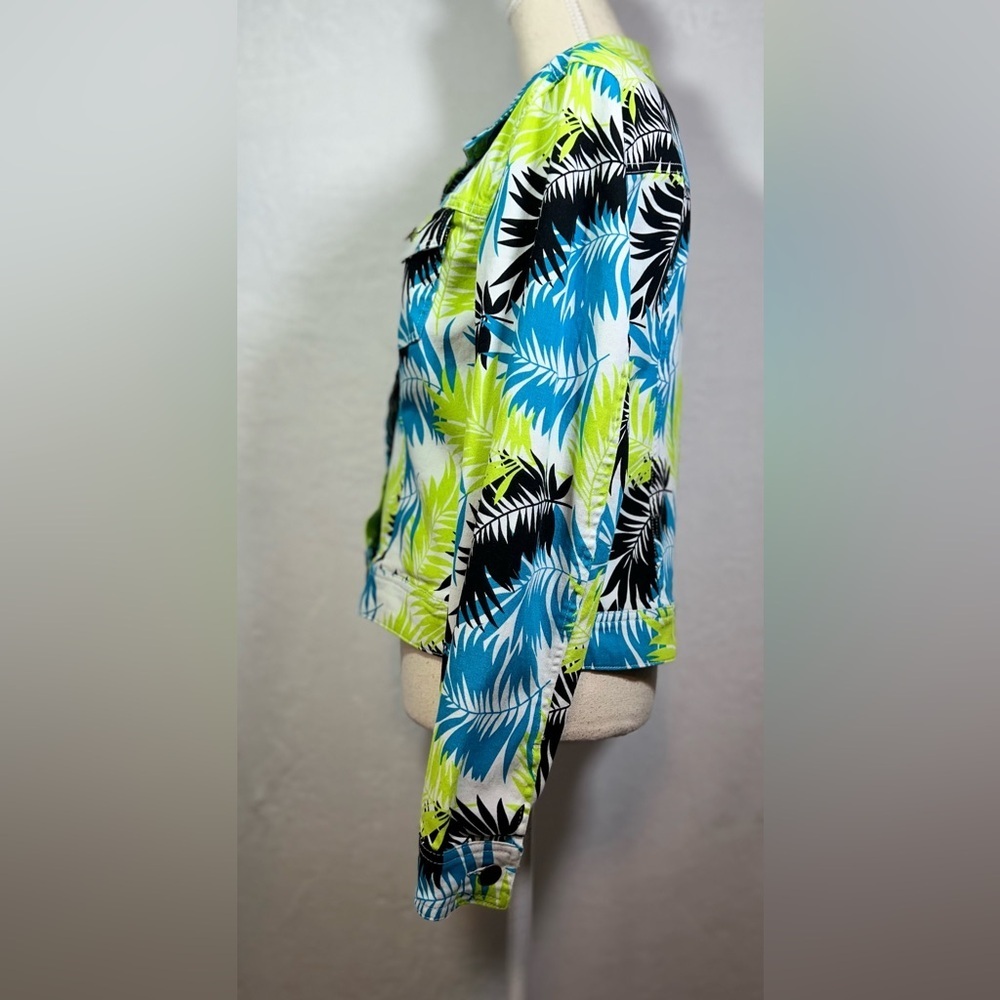 Metro Blues Tropical Print Jean Jacket - Blue, Green, and Black on White - Picture 3 of 7